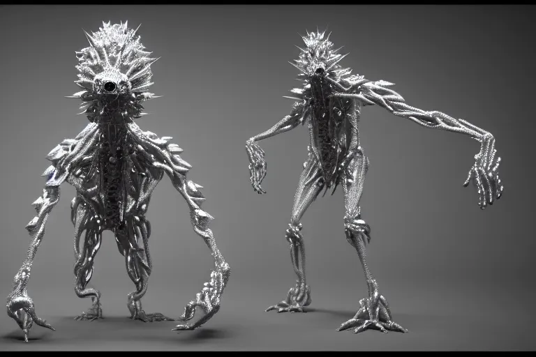 Image similar to diamond creature made out of a humanoid nervous system with large meaty spikes all over the body, cinematic, volumetric lighting, f 8 aperture, cinematic eastman 5 3 8 4 film, photorealistic