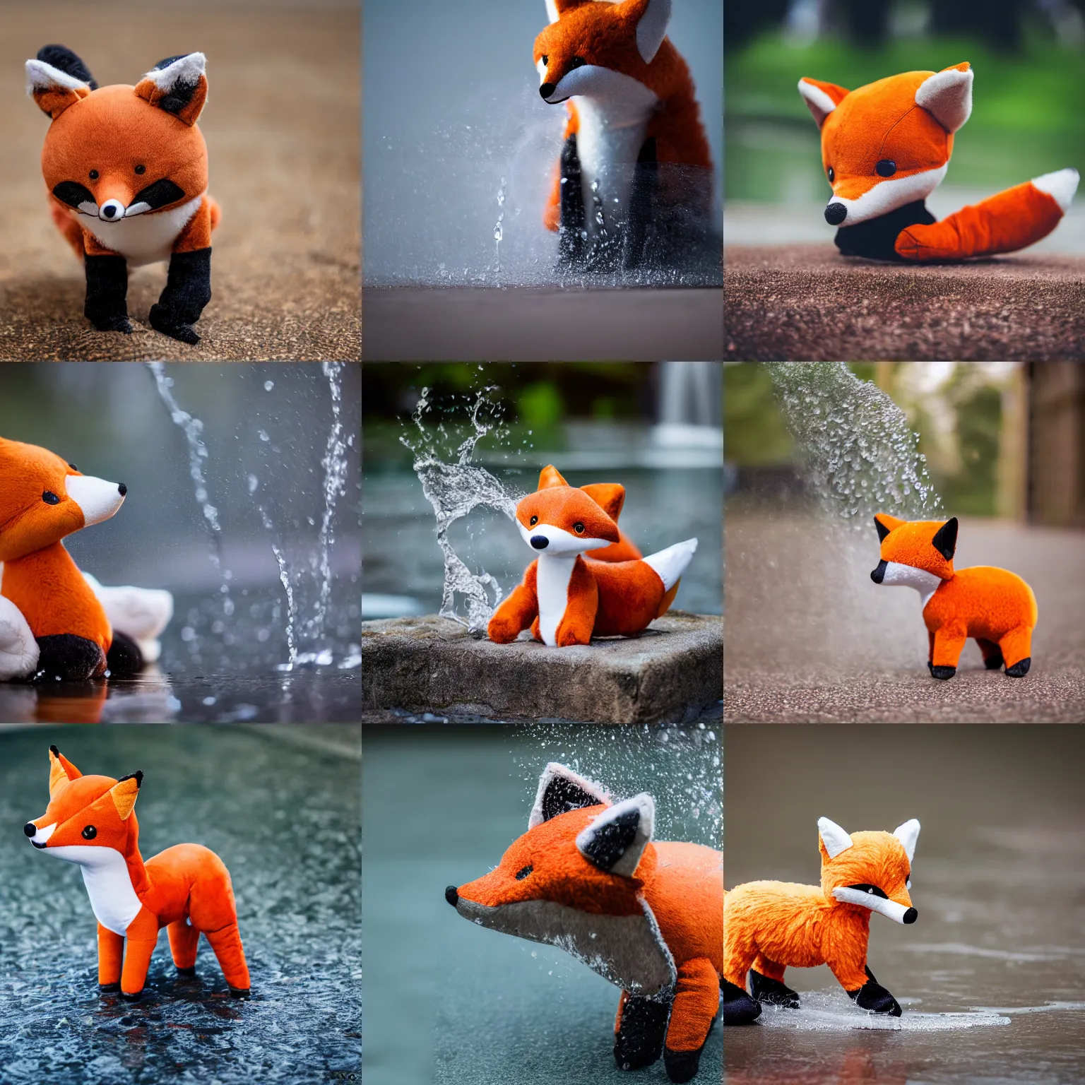 Prompt: A stuffed animal fox plushie shaking water off its coat, Sigma 85mm Lens F/1.8, award winning photography