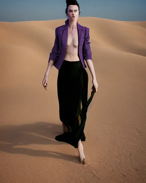 Image similar to olivia in the desert sand, wearing a purple blazer, black hair, freckles, pale skin, photo by greg rutkowski, harsh shadows, bright lighting, female beauty, intricate detail, elegance, sharp shapes, masterpiece