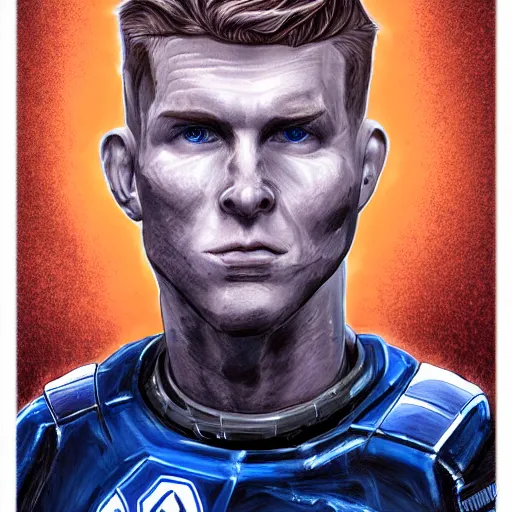 Prompt: Bust Portrait of David Bates from Starset in a sci fi uniform with a BMI on his temple; hyper realistic, high detail, artstation, deviantart