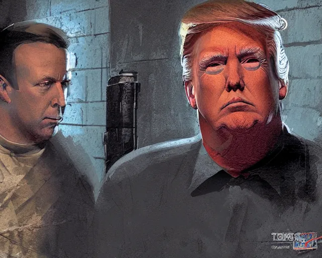 Image similar to Alex Jones standing beside donald trump in a prison jail cell, craig mullins, octane