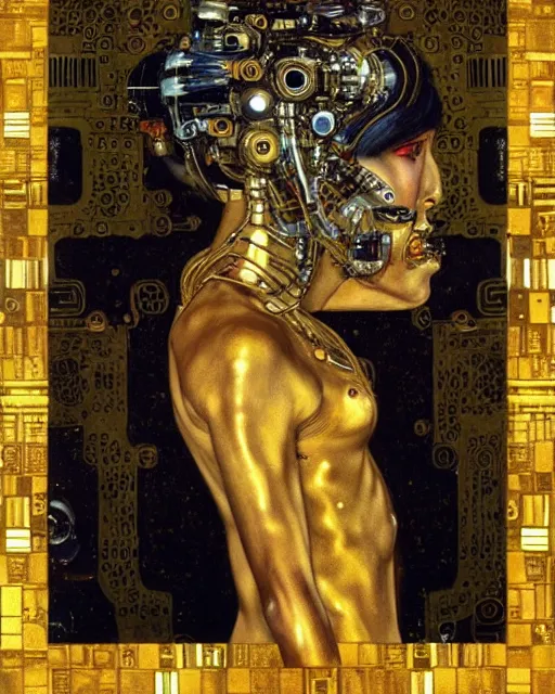 Image similar to Golden Portrait of a Cyborg from Ghost in the shell by Gustav Klimt, cyberpunk noir, baroque elements, intricate artwork by caravaggio, aesthetic, intricate, highly detailed, masterpiece