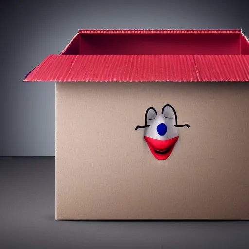 Image similar to a cardboard box with a clown peeking out if it, realistic