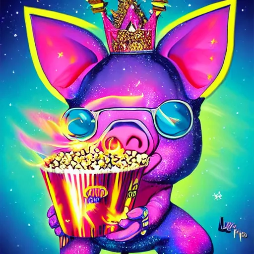 Prompt: lisa frank superhero pose pig wearing a gold crown throwing pop corn painting by android jones