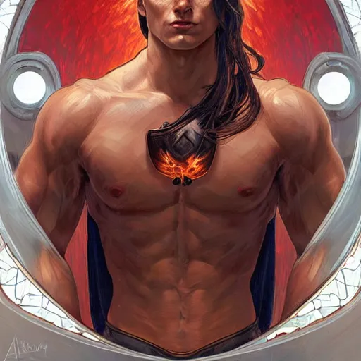 Prompt: character concept, portrait, symmetrical head - on centralized, young man with strong body and fire eyes. detailed, high quality, dynamic lightning, fantasy, scenematic. artwork by artgerm, wlop, alex ross, greg rutknowski, alphonse mucha