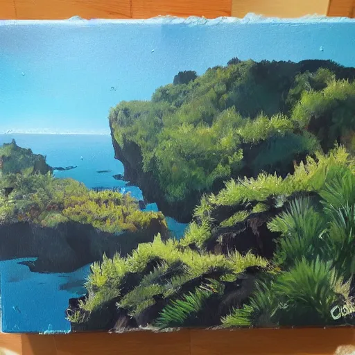 Image similar to rough acrylic painting of a lush natural scene on an alien planet by caroline degroiselle. beautiful landscape. weird vegetation. cliffs and water.