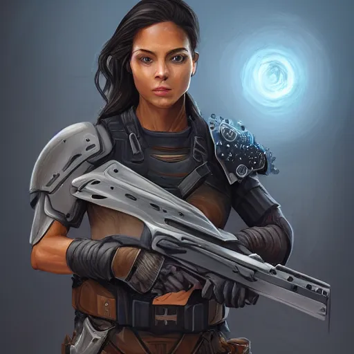 Prompt: portrait of a sleek tan agent armed with a kriss vector, D&D, fantasy, elegant, hopeful, cosmic, muscular, highly detailed, digital painting, artstation, concept art, smooth, sharp focus, illustration