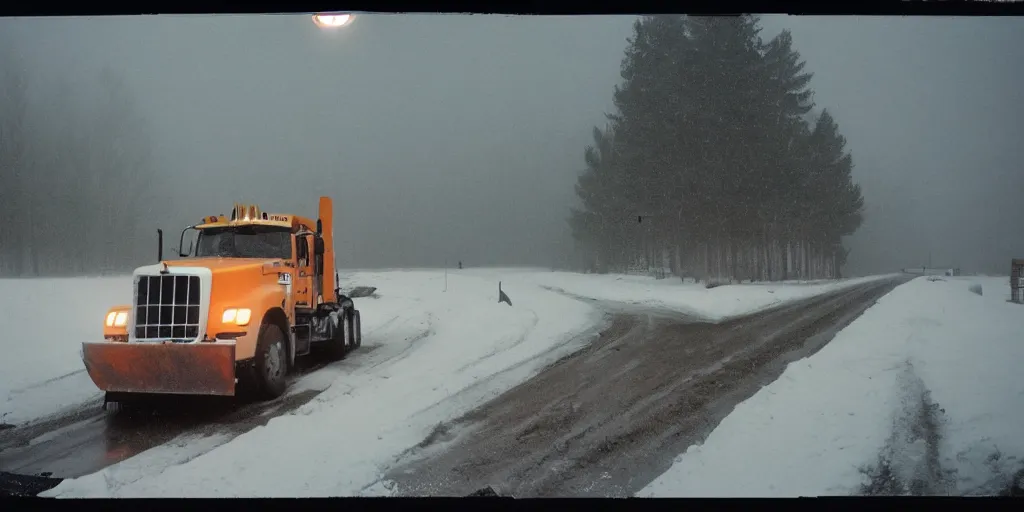 Image similar to photo, big snow plow truck is in the distance with a bright headlighta. cold color temperature, snow storm. hazy atmosphere. humidity haze. kodak ektachrome, greenish expired film, award winning, low contrast,