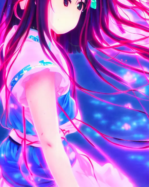 Prompt: anime style, vivid, expressive, full body, 4 k, painting, a cute magical girl idol with a long wavy hair wearing a kimono outfit, correct proportions, stunning, realistic light and shadow effects, neon lights, studio ghibly makoto shinkai yuji yamaguchi