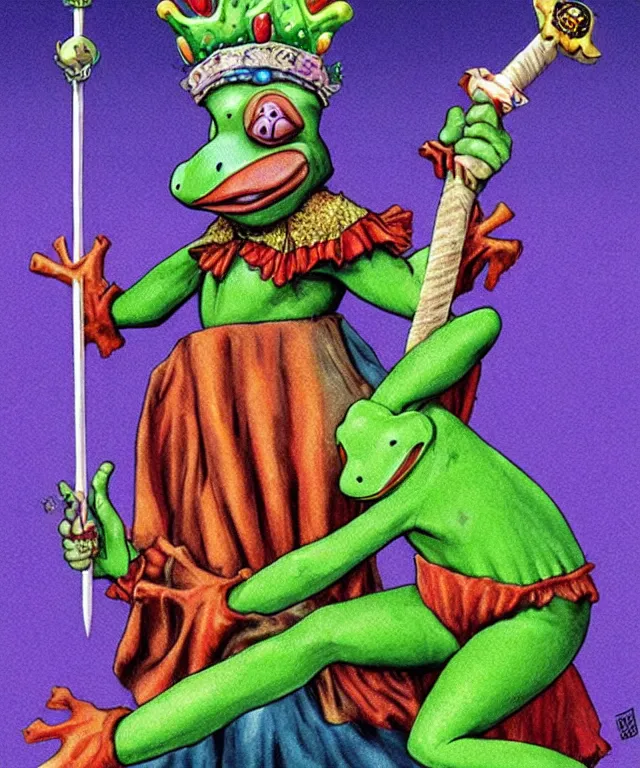 Image similar to clown frog king pulls the sword from the stone, clown frog king wearing clown makeup and rainbow wig, clown crown artwork by Glenn Fabry