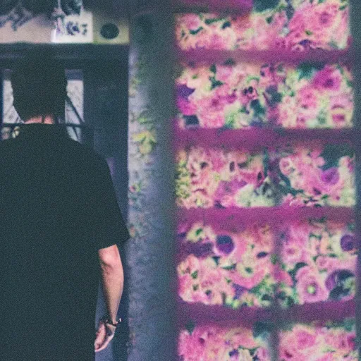 Image similar to kodak portra 4 0 0 photograph of a skinny blonde goth guy standing in front of floral wall, back view, moody lighting, telephoto, 9 0 s vibe, blurry background, vaporwave colors, faded!,