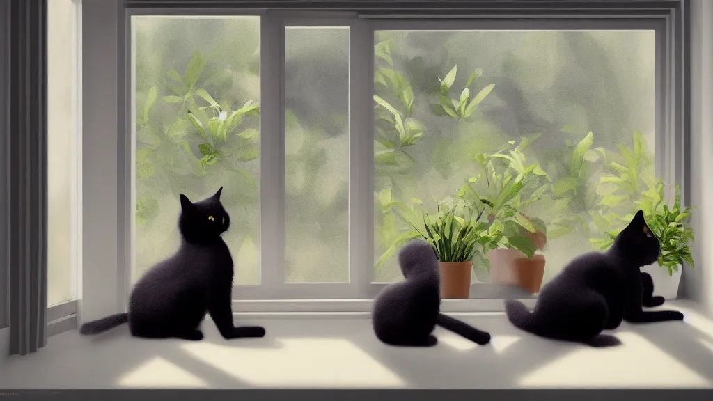 Prompt: peaceful dreamy painting of a content black cat sitting by a window and looking outside, sunshine coming through the window, small plants on the window sill, 8k, hyper realism, trending on artstation, octane render, digital art