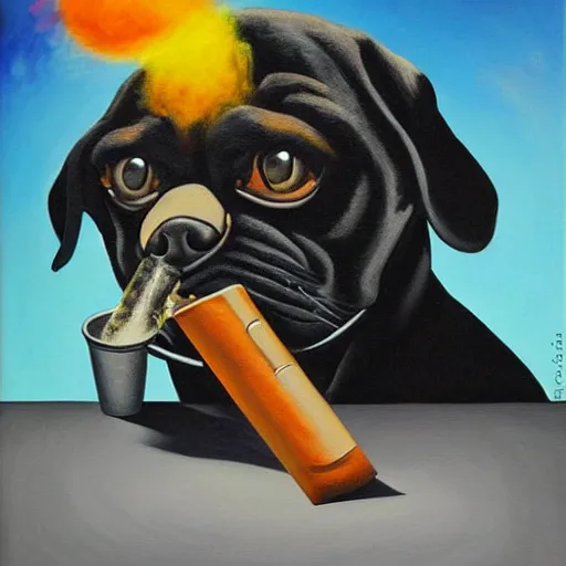 Image similar to portrait of a drunk and high black pugalier smoking a joint, painting, surrealism, extreme detail