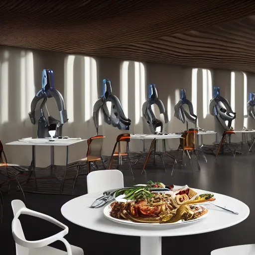 Image similar to three large white glossy kuka industrial robot arms on the floor around a dinner table, the kuka industrial robot arms are wearing bow ties, the table is full of food, they are having dinner inside a fine dining restaurant with mid century modern furniture and decor, global illumination, artstation, fantasy