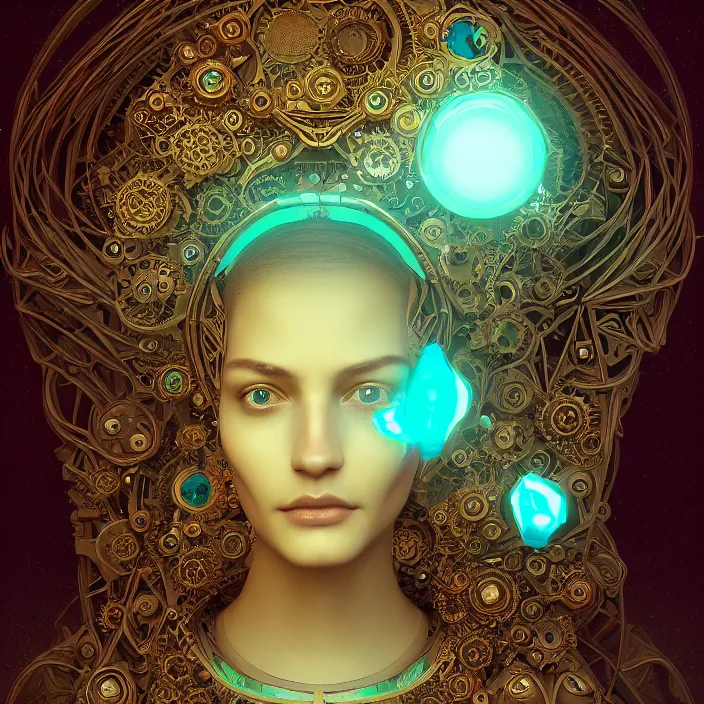 Image similar to beautiful symmetrical face portrait android woman time machine axonometric mechanical fantasy intricate elegant highly detailed in volumetric void of latent space lush flowers intricate jewellery, realm of the gods golden turquoise steampunk, axonometric high contrast cinematic light, mystical shadows, digital painting, sharp focus, octane render, photographic, concept art, artist leonardo davinci, unreal engine 8 k