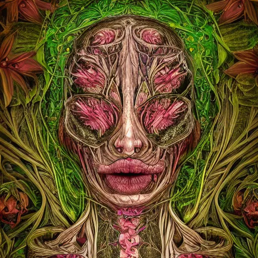 Image similar to a beautiful detailed photo of a full body rotten woman corpse morphing into fractal plants and fractal flowers and mushrooms, face muscles, veins, anatomical, intricate, ornate, volumetric light, beautiful lit, beetlejuice