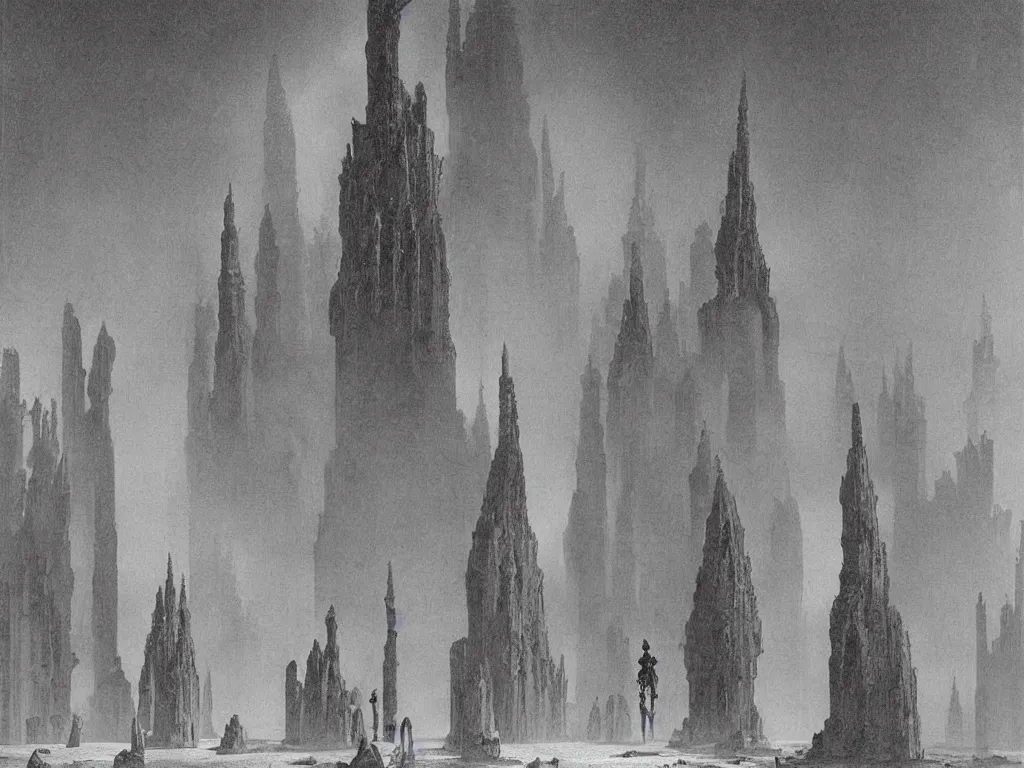 Prompt: Monk looking at the fractal psychedelic Brancusi sculpted marble crystal creatures, sponge, animals, mollusks at the edge of the desolate ocean. Brutalist gothic cathedral built in the fog. Moebius, Caspar David Friedrich