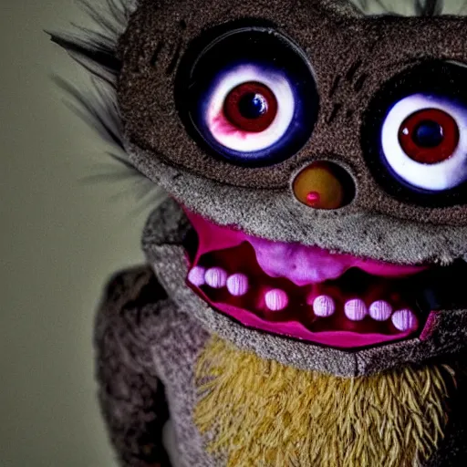 Prompt: an uncanny furby with too many teeth hiding in the dark, horror, lovecraftian, inspired by junji ito, photographed by david lynch