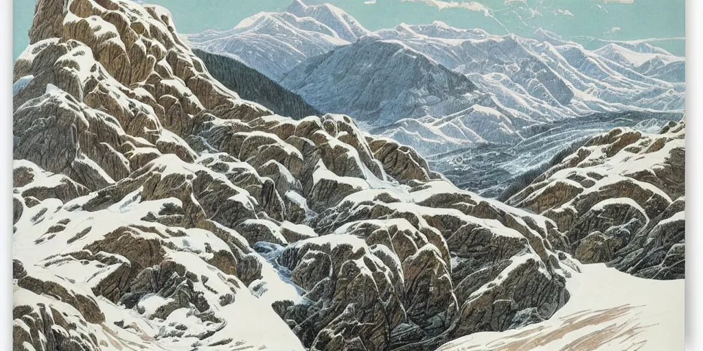 Image similar to beautiful idyllic poster illustration for a craggy barren icy snow valley national park by ludwig hohlwein