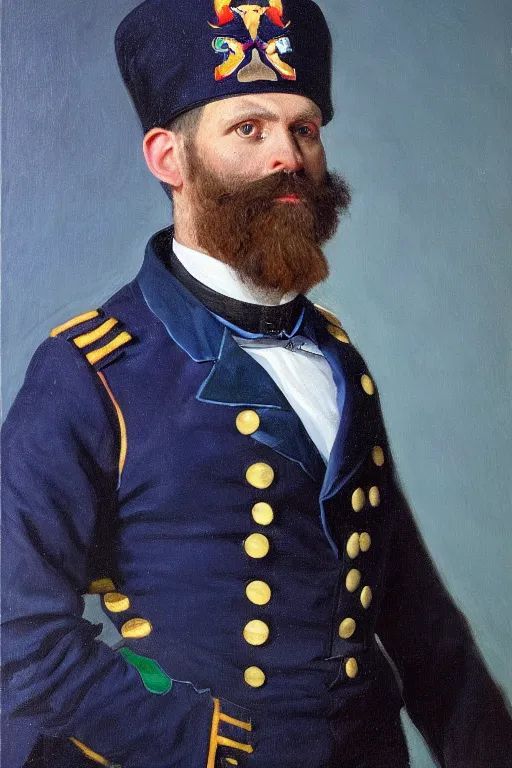 Image similar to full body portrait of the dictator of the minnesota timberwolves, 1 8 8 9, in full military garb, midnight blue, lake blue, moonlight grey and aurora green, oil on canvas by william sidney mount, trending on artstation