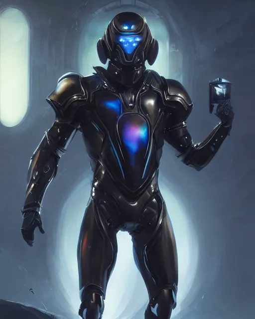 Image similar to iridescent wiry smooth muscular male sleek glossy black pearlescent scifi armor with smooth black featureless helmet, by greg rutkowski and mark brookes and jim burns and tom bagshaw and magali villeneuve, trending on artstation