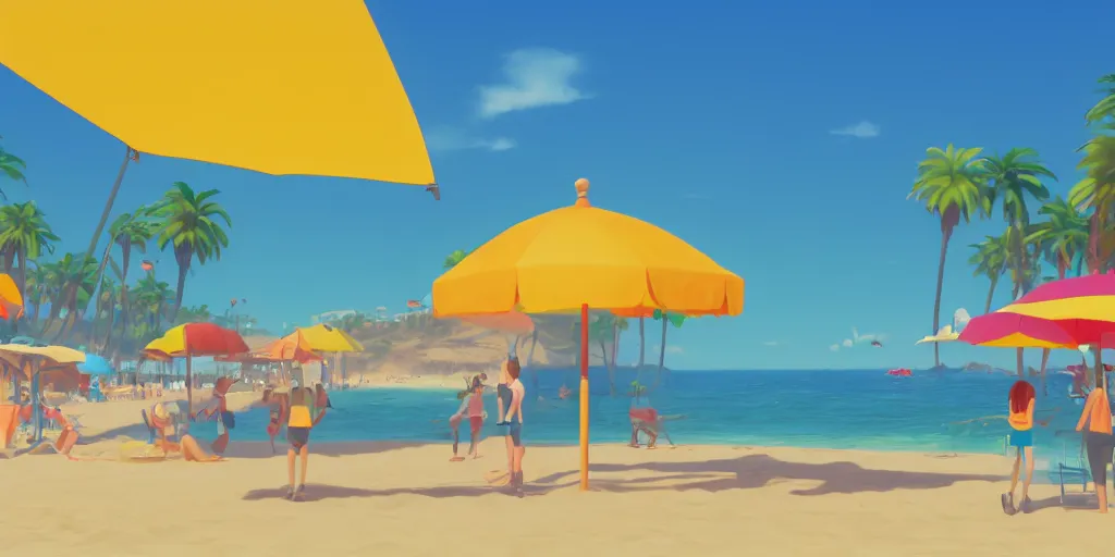 Image similar to a film still of a sunny and colourful beach scene without people in santa monica, los angelos, wide shot, waist up, wes anderson, studio ghibli, pixar and disney animation, sharp, rendered in unreal engine 5, anime key art by greg rutkowski, bloom, dramatic lighting