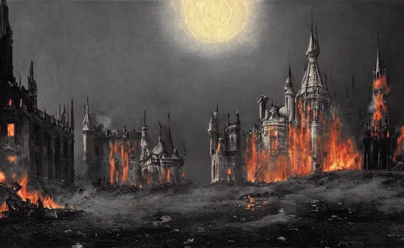 Image similar to a picture in high contrast by vasily vereshchagin of burning!!! gothic! castle in smoke and ashes by the village, full moon in clouds!, visual art, 8 k resolution, 3 d modelling, hard lighting, masterpiece, vray