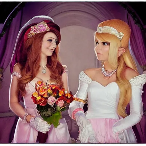Image similar to the lesbian wedding of princess peach and princess zelda, photo, photograph, circa 2 0 1 4, wedding photo