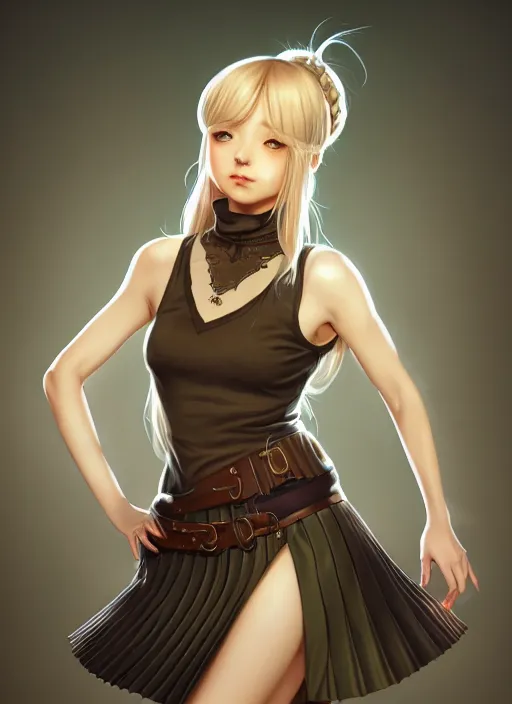 Image similar to portrait of a full body of beautiful young female detective, d & d, sleeveless turtleneck, pleated skirt, fantasy, flat lighting, intricate, highly detailed, digital painting, artstation, concept art, smooth, sharp focus, illustration, misa amane, art by simon bisley and greg rutkowski and alphonse mucha, natural tpose