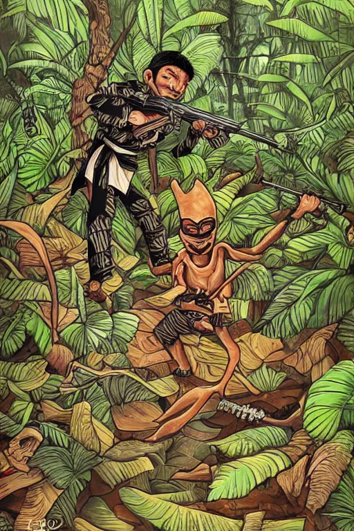 Prompt: a ninja sneaking around in the jungle surrounded by skeletons with ak - 4 7 artwork by eko nugroho