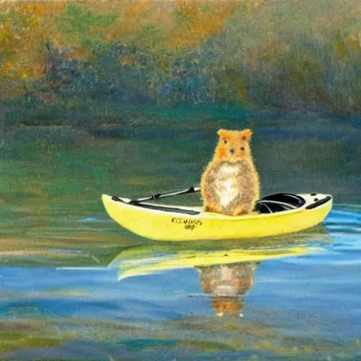 Prompt: a quokka paddling a kayak on a calm lake, in the style of fanny brate