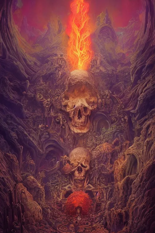 Prompt: gigantic skull center, psychedelic demonic cosmic death and flames, fantasy painting, ultra realistic, wide angle, art nouveau, intricate details, rainbowshift, vivid colors, highly detailed by peter mohrbacher, h. r. giger, maxfield parrish, gustave dore, craig mullins, octane render, cgi