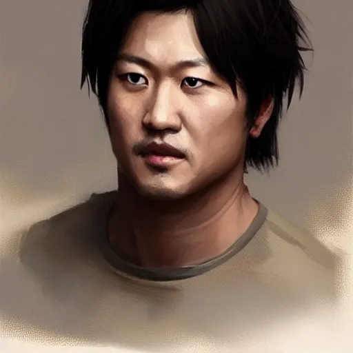 Image similar to “Portrait of Sung Kang by Greg Rutkowski, young, attractive, highly detailed portrait, scifi, digital painting, artstation, concept art, smooth, sharp foccus ilustration, Artstation HQ”