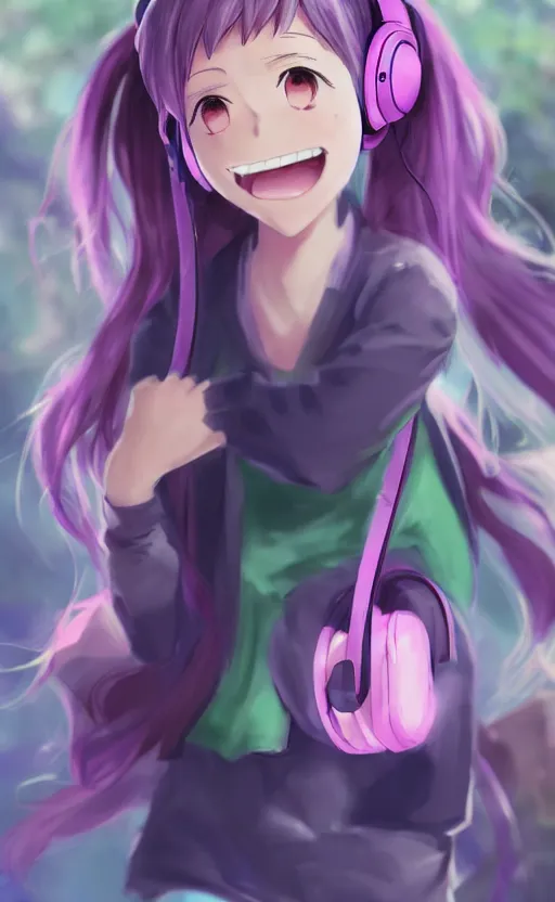 Image similar to anime girl with pink ponytail, wearing purple headphones, wearing a green sweater, with a smile on her face and her eyes closed, walking down a street, dynamic lighting, photorealistic fantasy concept art, trending on art station, stunning visuals, creative, cinematic, ultra detailed