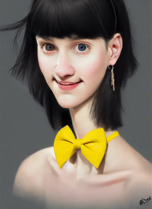 Image similar to portrait of high school girl, realistic, black hair, bangs, half updo hairstyle, pointy nose, skinny, smile, ugly, defined jawline, big chin, yellow hair bow, earrings, intricate, elegant, glowing lights, highly detailed, digital painting, artstation, sharp focus, illustration, art by wlop, mars ravelo and greg rutkowski