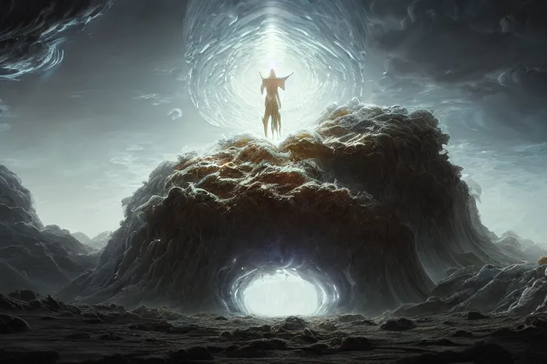 Image similar to a god giving birth to a new universe and then dissolving itself into it, in the style of wlop, illustration, epic, fantasy, hyper detailed, smooth, unreal engine, sharp focus, ray tracing