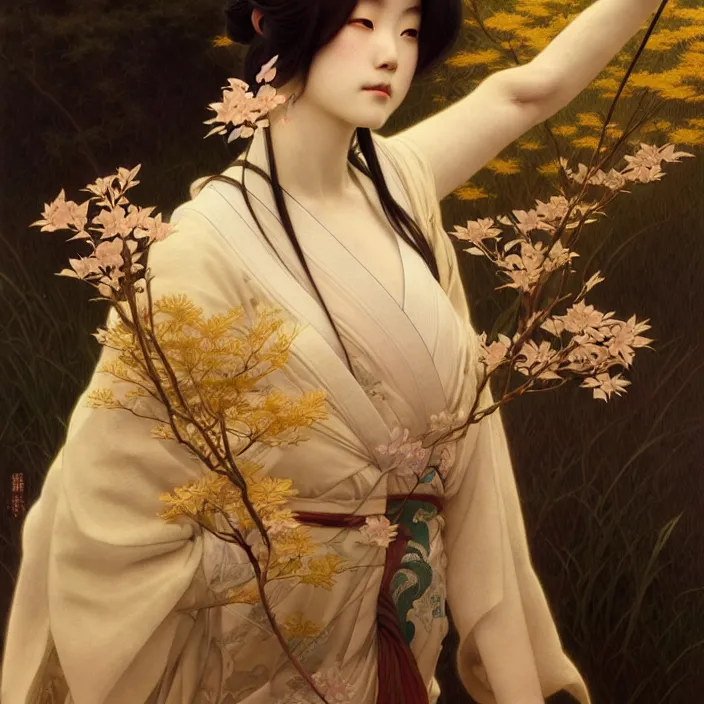 Prompt: japanese being of transcendent light, diffuse lighting, fantasy, intricate, elegant, highly detailed, lifelike, photorealistic, digital painting, artstation, illustration, concept art, smooth, sharp focus, art by john collier and albert aublet and krenz cushart and artem demura and alphonse mucha