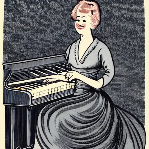 Image similar to vintage ship woman sitting in an piano, retro cartoon