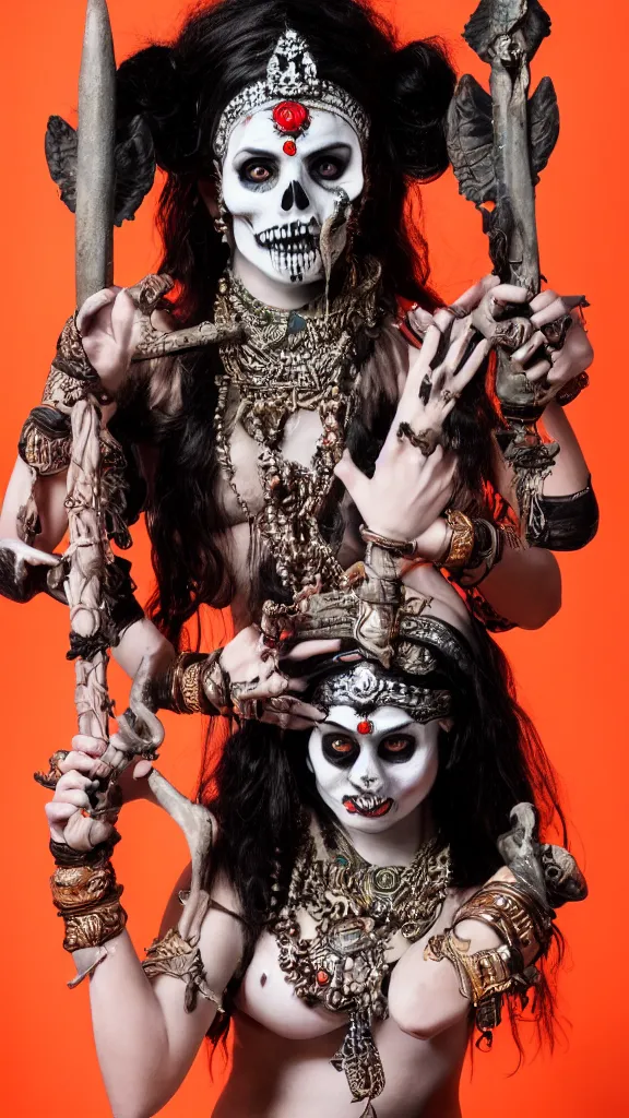 Prompt: hindu goddess of death, holding a skull on one hand and trident on another, posing for playboy photoshoot, studio lighting, cosplay