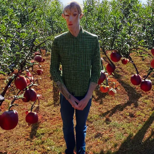 Prompt: portrait of a tall elven man, standing in an apple orchard, dressed well, very handsome