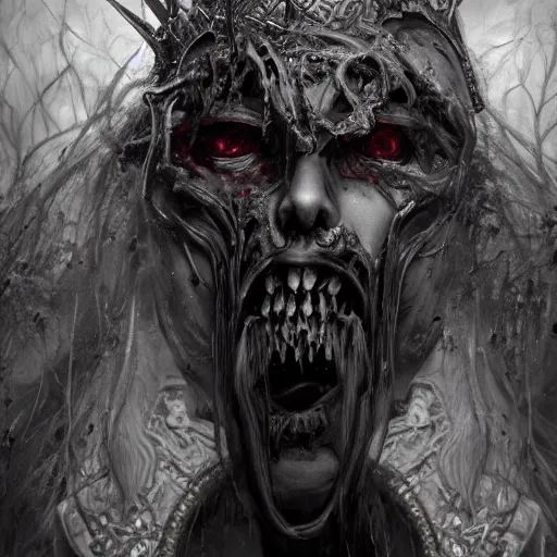 Image similar to the decaying king of the necromancers, portrait, horror art, realism, unreal engine, oil on canvas, dramatic, cinematic shot, ambient lighting, apocalyptic, ornate and elegant, intricate clothing, very detailed, 4 k ultra hd, digital art, trending on artstation