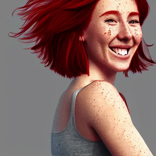 Prompt: a cute red-haired female with freckles, smiling, ultra realistic digital painting