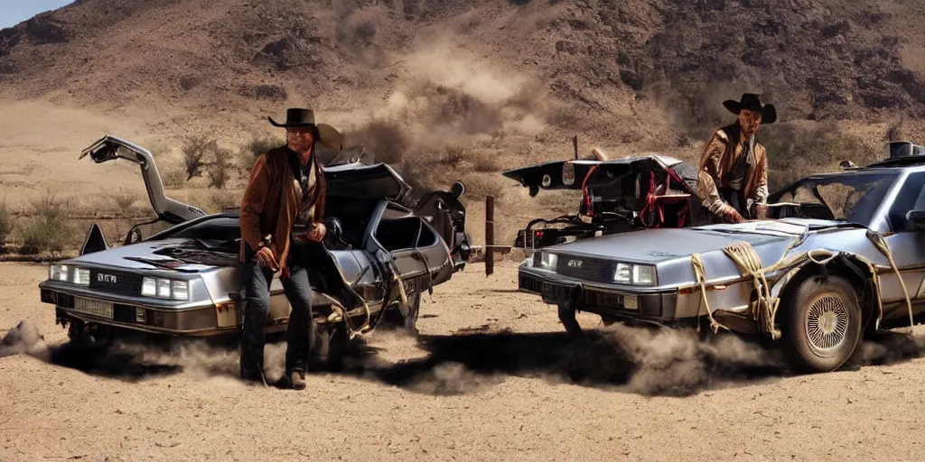 Image similar to a western movie once upon a time in the west with a delorean