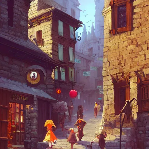 Image similar to a busy street within a fascinating old fantasy city, quirky shops, narrow streets, old buildings, old stone steps, street life, by Sylvain Sarrailh, cinematic, stunning composition, beautiful digital painting, oil painting, dungeons and dragons, lord of the rings