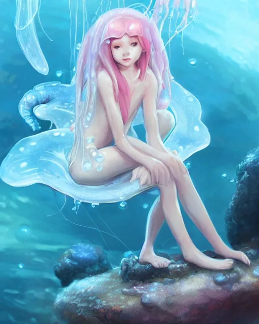 Image similar to concept art of a jellyfish creature girl, sitting on a rock at the bottom of the ocean | | cute - fine - fine details by stanley artgerm lau, wlop, rossdraws, and sakimichan, trending on artstation, brush strokes