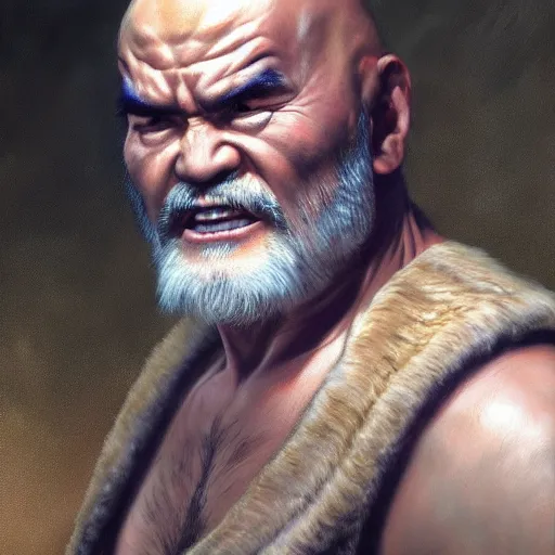 Prompt: Heihachi Mishima from Tekken, calm expression, spiky side hair, closeup character portrait art by Donato Giancola, Craig Mullins, digital art, trending on artstation