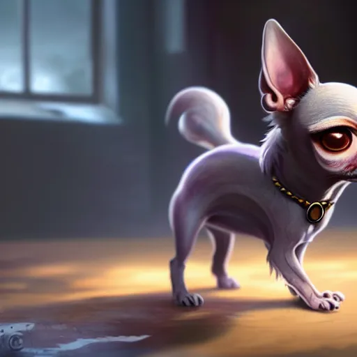 Image similar to a transcendent chihuahua with three eyes living in an extradimensional reality, in the style of wlop, illustration, epic, fantasy, hyper detailed, smooth, unreal engine, sharp focus, ray tracing, physically based rendering, renderman, beautiful