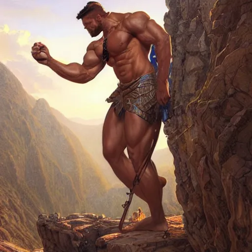 Image similar to ultra realistic illustration, a very tall and muscular gigachad flexing on top of a mountain, intricate, elegant, highly detailed, digital painting, artstation, concept art, smooth, sharp focus, illustration, art by artgerm and greg rutkowski and alphonse mucha