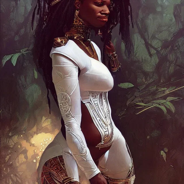 Image similar to african domme mistress, dominatrix full body, dominatrix, tribal, smooth white tight clothes suit, ornate, very beautiful, concept art, realistic painting, androgynous, afrofuturism, cgsociety, digital art by greg rutkowski, by alphonse mucha