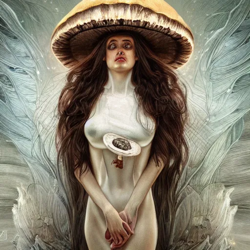 Image similar to a photograpic portrait of a anthropomorphic mushroom wearing white clothes, fantasy, intricate, elegant, highly detailed, digital painting, artstation, concept art, smooth, sharp focus, illustration, art by artgerm and H R Giger and alphonse mucha